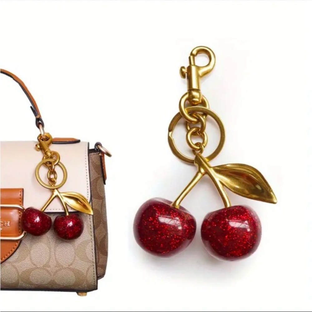 Red Cherry Bag Charm Keychain Gold Tone Purse Accessory NWT